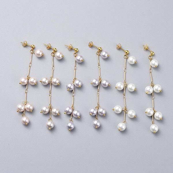 

PandaHall Long Earrings, with Brass Stud Earrings Findings, Round Glass Pearl Beads and Earring Backs/Ear Nuts, Golden, Mixed Color, 88mm..., Multicolor
