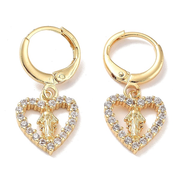 

PandaHall Real 18K Gold Plated Brass Dangle Leverback Earrings, with Cubic Zirconia, Virgin Mary, Heart, 27x12mm Cubic Zirconia Heart Clear
