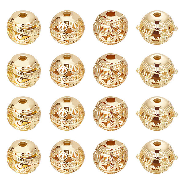 

PandaHall Beebeecraft 32Pcs 4 Style Alloy Hollow Beads, Round, Cadmium Free & Lead Free, Real 18K Gold Plated, 8~9.5x7~8mm, Hole: 1.5~2mm...