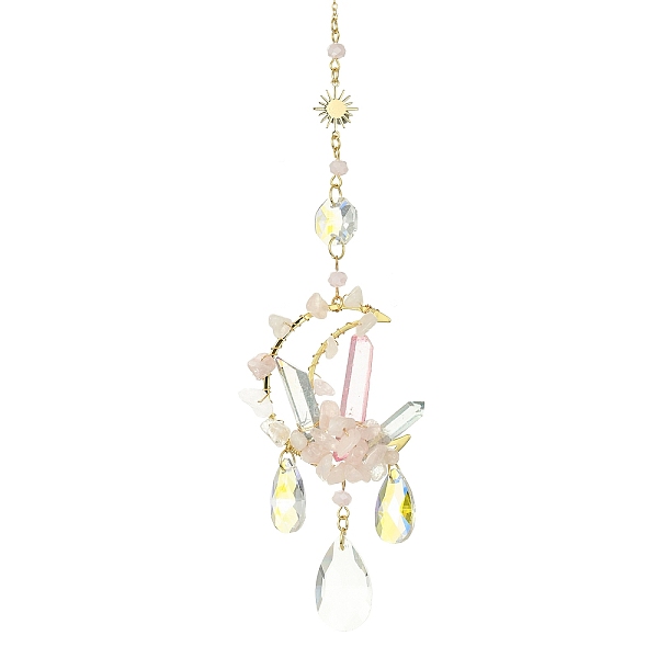 

PandaHall Wire Wrapped Natural Rose Quartz & Brass Moon Pendant Decorations, with Glass Teardrop Charms, for Home Decorations, Golden, 285mm...