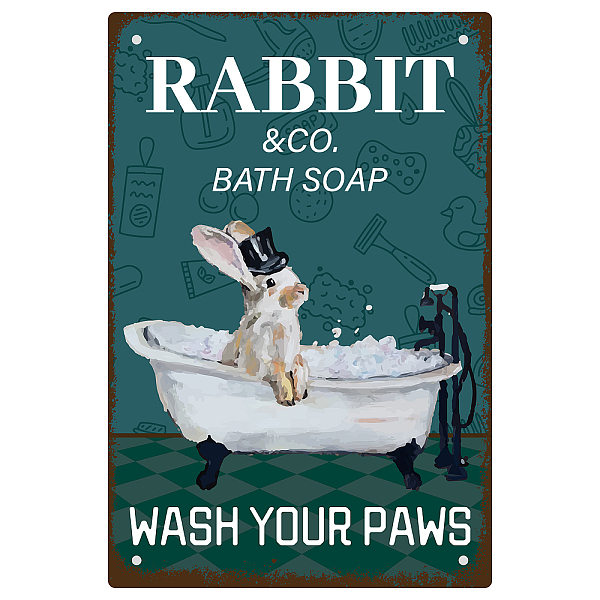PandaHall CREATCABIN Rabbit Metal Tin Sign Co Bath Soap Wash Your Paws Garage Signs plaques Vintage Poster Wall Decor Accessories for Home...