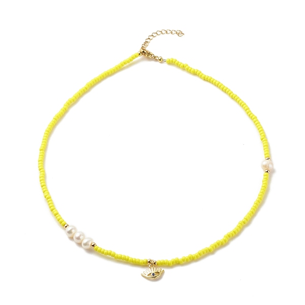 

PandaHall Brass Evil Eye Pendant Necklace with Cubic Zirconia, Glass Seed & Natural Pearl Beaded Necklace for Women, Yellow, 16.85 inch...