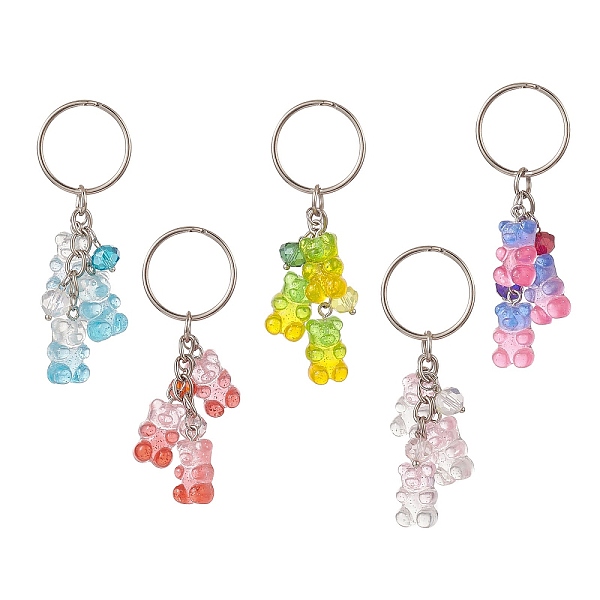 

PandaHall Gradient Color Transparent Resin Bear Charm Keychain, with Iron Key Rings, Mixed Color, 73mm Resin Bear Multicolor