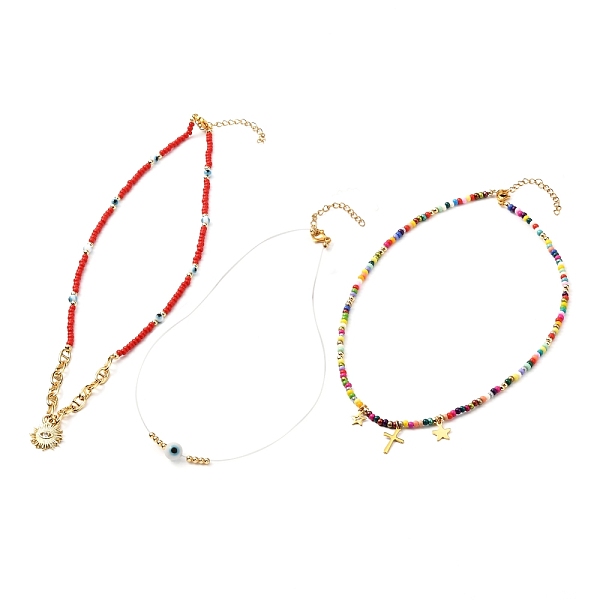 

PandaHall Evil Eye Beads Glass Seed Beaded Necklaces Sets, with Brass Extended Chains, Evil Eye Lampwork Pendants, Cross & Star Charms..., Multicolor