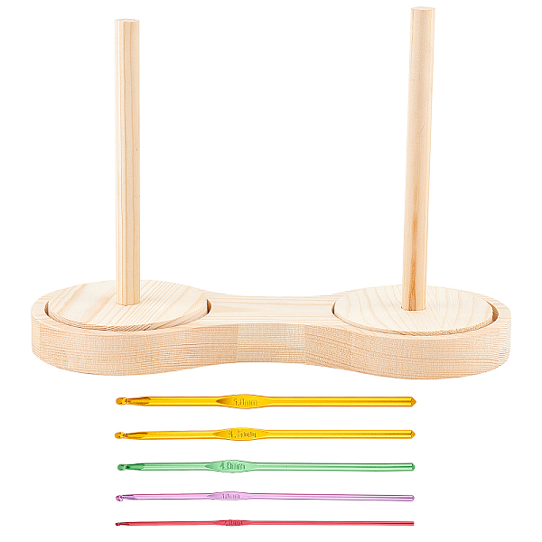 PandaHall BENECREAT 1 Set Double Wooden Yarn Skein Holder with 5 Style Random Single Color Aluminum Crochet Hooks, Double Yarn Ball Holder...