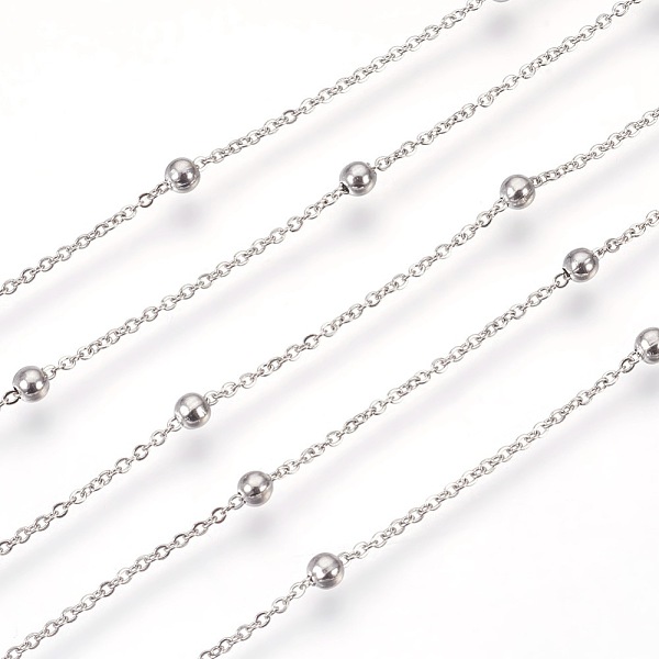 

PandaHall 304 Stainless Steel Cable Chains, Satellite Chains, with Round Beads, Soldered, Flat Oval, Stainless Steel Color, Link: 1.5x1mm...