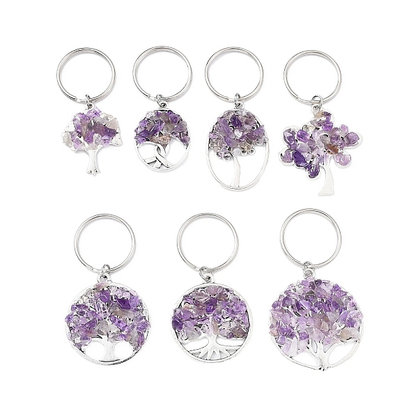 

PandaHall Natural Amethyst Chip & Alloy Tree of Life Pendant Keychain, with Iron Split Key Rings, 5.9~6.8cm Amethyst Tree of Life