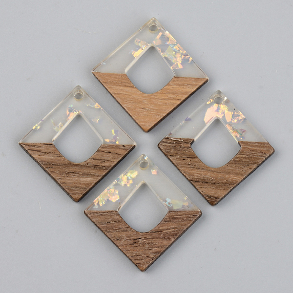 

PandaHall Transparent Resin & Walnut Wood Pendants, with Paillette/Sequin, Rhombus, Clear, 27.5x27.5x3mm, Hole: 2mm, Side Length: 19.5mm...