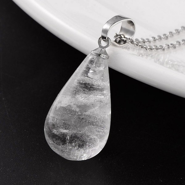 

PandaHall Teardrop Platinum Tone Brass Quartz Crystal Pendants, Rock Crystal, 24~26x13mm, Hole: 5x8mm Quartz Crystal Teardrop