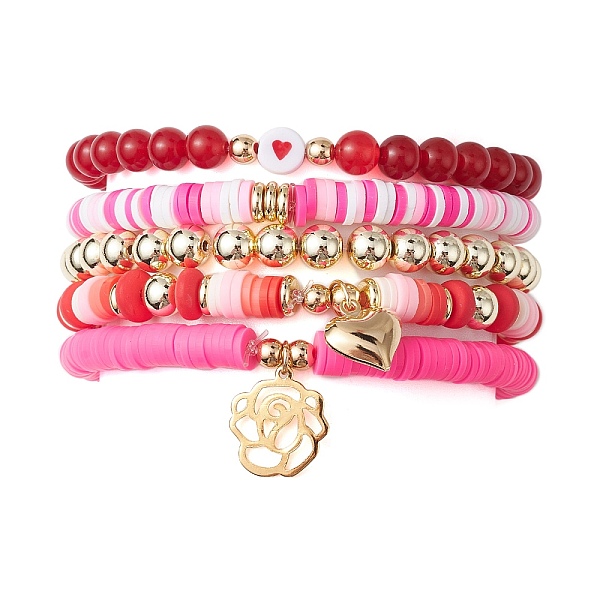 

PandaHall 5Pcs 5 Style Synthetic Hematite & Dyed Natural Malaysia Jade Stretch Bracelets Set, Polymer Clay Heishi Stackable Bracelets with..., Red