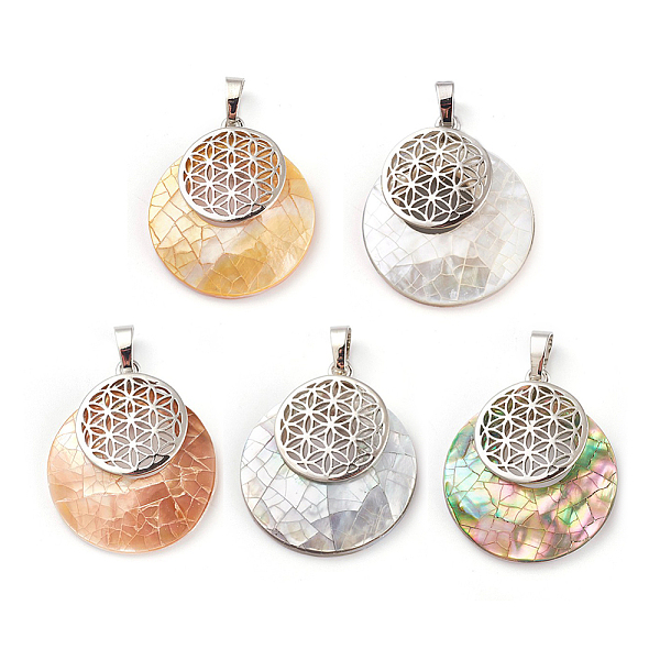 

PandaHall Natural Mixed Shell Pendants, with Platinum Tone Brass Findings, Flat Round with Flower of Life/Sacred Geometry...