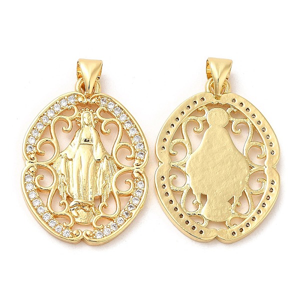 

PandaHall Rack Plating Brass Pendants, with Cubic Zirconia, Oval with Saint, Real 16K Gold Plated, 25x18x2mm, Hole: 4x3.5mm Brass+Cubic..., Clear