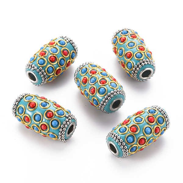 

PandaHall Handmade Indonesia Beads, with Metal Findings and Resin Cabochons, Platinum & Golden, Oval, Dark Turquoise, 32x16.5~17mm, Hole...