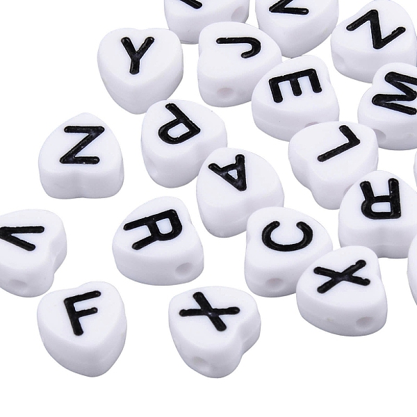 

PandaHall White Opaque Acrylic Enamel Beads, Heart with Mixed Black Letters, 7x7x4mm, Hole: 1.5mm, about 1200pcs/200g Acrylic Heart White