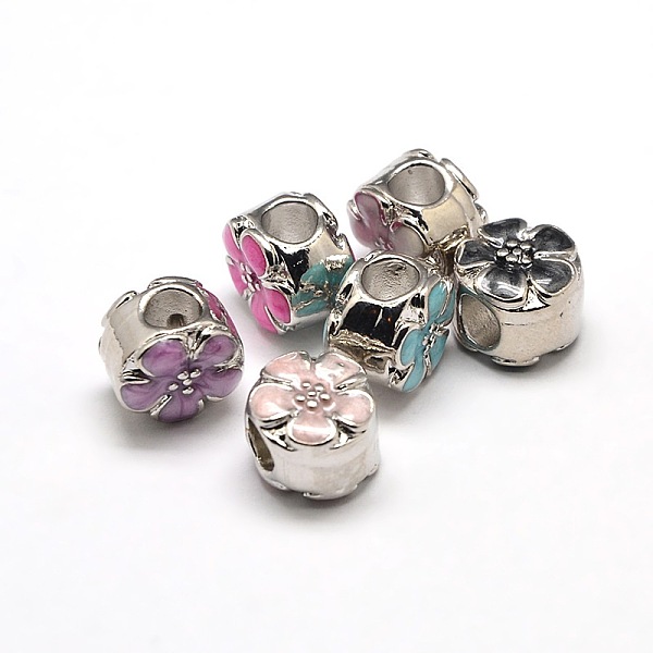 

PandaHall Platinum Plated Flat Round with Plum Blossom Flower Alloy Enamel European Beads, Large Hole Beads, Mixed Color, 12x9mm, Hole..., Multicolor