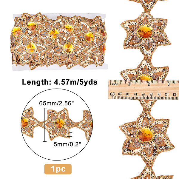 

PandaHall Iron on/Sew on Ethnic Style Embroidery Flower Polyester Lace Ribbons, with Glass and Paillette, Jacquard Ribbon, Tyrolean Ribbon..., Gold