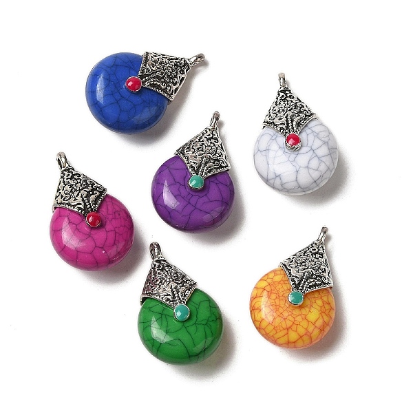 

PandaHall Tibetan Style Brass Synthetic Turquoise Dyed Pendants, Teardrop Charms, Antique Silver, Mixed Color, 37x23x16mm, Hole: 3mm..., Multicolor