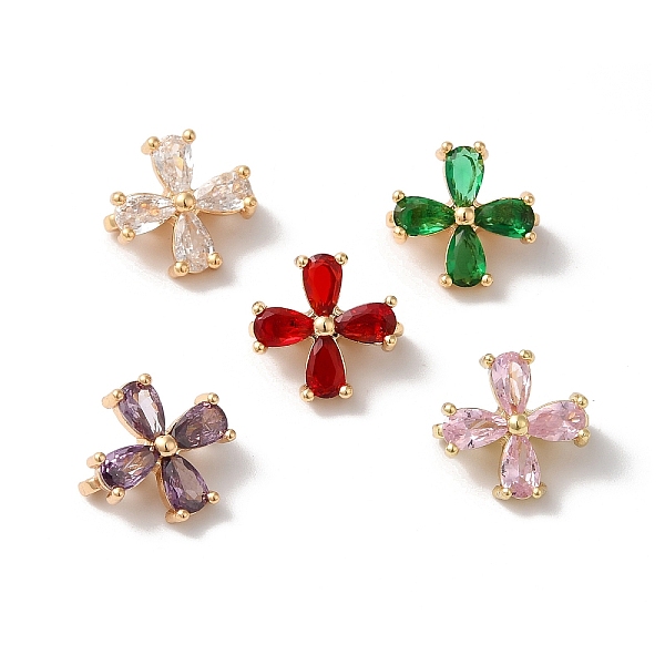 

PandaHall Brass Pave Glass Flower Spacer Bars, 3-Hole, Golden, Mixed Color, 11x11x6mm, Hole: 1.4mm Brass Flower Multicolor