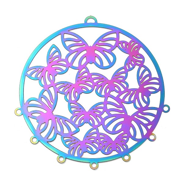 

PandaHall 201 Stainless Steel Chandelier Component Links, Etched Metal Embellishments, Flat Round with Butterfly, Rainbow Color...