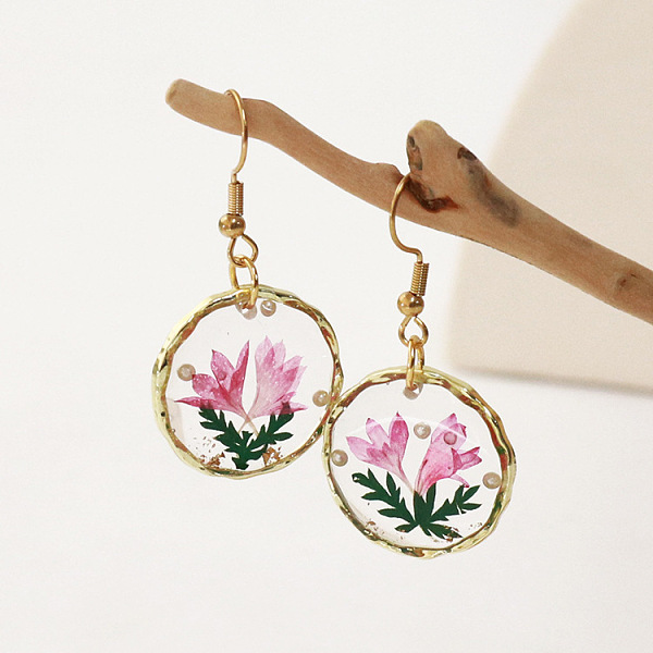Boucles d'oreilles pendantes en alliage époxy avec fleurs séchées
