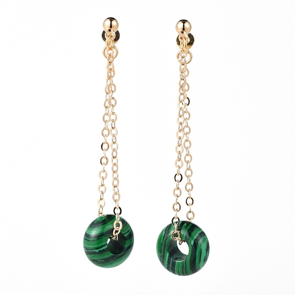 

PandaHall Synthetic Malachite Dangle Stud Earrings, with Brass Stud Earring Findings, Brass Cable Chains and Ear Nuts, Rondelle, 60mm, Pin...