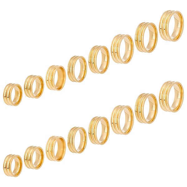 PandaHall UNICRAFTALE 16pcs 8 Sizes Golden Double Blank Core Finger Rings Stainless Steel Grooved Ring Settings Wide Band Finger Rings for...