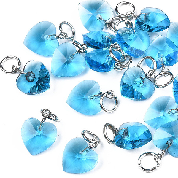 

PandaHall Faceted Transparent Glass Charms, with Iron Jump Ring, Heart, Deep Sky Blue, 13~14x10x5~6mm, Hole: 4mm Iron+Glass Heart