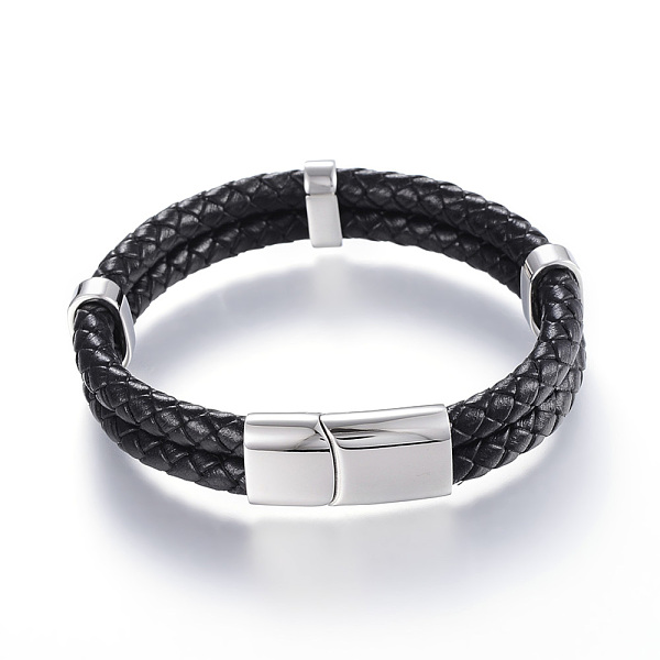 

PandaHall Braided Leather Cord Mkulti-strand Bracelets, with 304 Stainless Steel Magnetic Clasp, Black, 8-5/8 inch(220mm)x12~15x6~9mm...