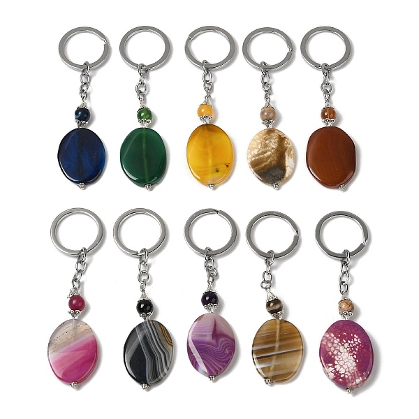 

PandaHall Iron with Alloy Natural Agate Pendant Keychain, Dyed, Oval, Mixed Color, 119mm Natural Agate Oval Multicolor