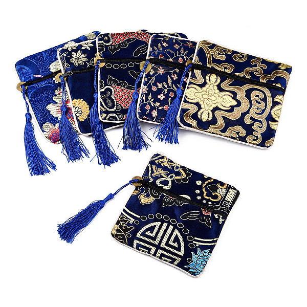 PandaHall Chinese Brocade Tassel Zipper Jewelry Bag Gift Pouch, Square with Flower Pattern, Marine Blue, 11.5~11.8x11.5~11.8x0.4~0.5cm Cloth...