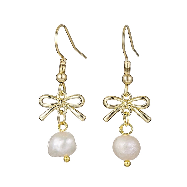 

PandaHall Alloy Bowknot Dangle Earrings, Natural Pearl Drop Earrings, Golden, 36x12.5mm Pearl Bowknot