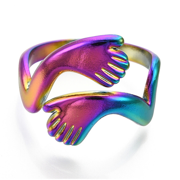 

PandaHall 304 Stainless Steel Hugging Hand Cuff Rings, Open Rings for Women Gils, Rainbow Color, US Size 9(18.9mm) 304 Stainless Steel