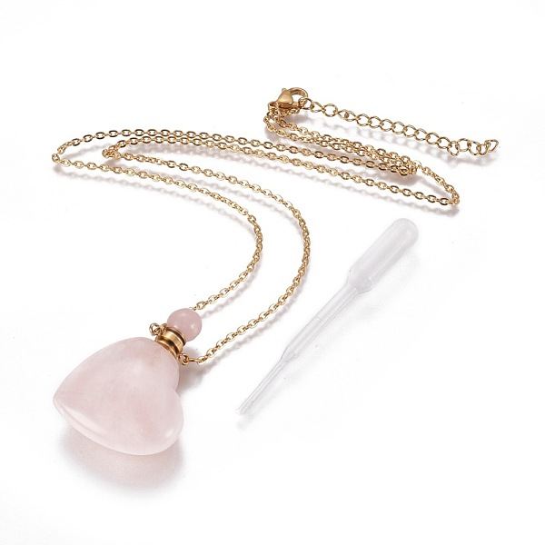 

PandaHall Natural Rose Quartz Openable Perfume Bottle Pendant Necklaces, with Stainless Steel Cable Chain and Plastic Dropper, Heart...