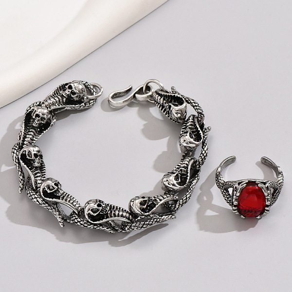 Gothic Stainless Steel Skull Snake Bracelet  Glass Cuff Ring Set