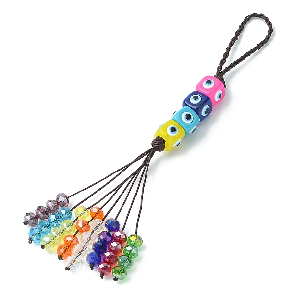 

PandaHall Glass Beaded Pendant Decorations, with Cube with Evil Eye Lampwork and Nylon Thread Hanging Ornaments, Colorful, 190mm Glass Cube
