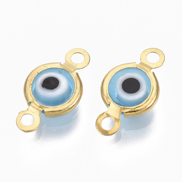 

PandaHall Handmade Evil Eye Lampwork Links connectors, with 304 Stainless Steel Findings, Flat Round, Golden, Light Blue, 12.5x7x2.5mm, Hole...