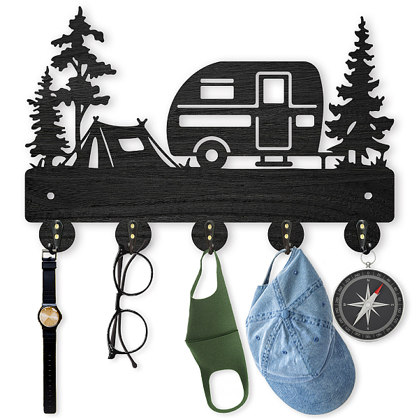 

PandaHall MAYJOYDIY Camping Wall Mount Coat Rack Wooden Coat Hooks Camping Key Hook Durable 5 Metal Hooks 11.8×8inch for Home Decor Gift..., Black