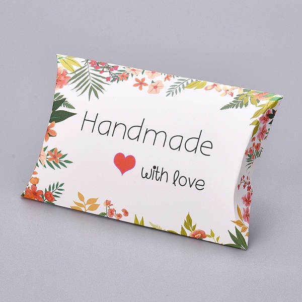 PandaHall Paper Pillow Boxes, Gift Candy Packing Box, Flower Pattern & Word Handmade with Love, White, Box: 12.5x7.6x1.9cm, Unfold...