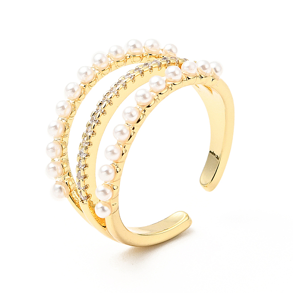 

PandaHall Clear Cubic Zirconia Triple Line Open Cuff Ring with Acrylic Pearl, Rack Plating Brass Hollow Wide Ring for Women, Cadmium Free &...