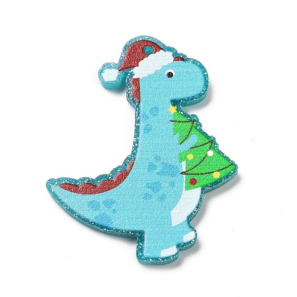 

PandaHall Printed Acrylic Pendants, with Glitter Sequins, for Christmas, Dinosaur with Christmas Tree/Hat Charm, Light Sky Blue, 40x30x2mm...