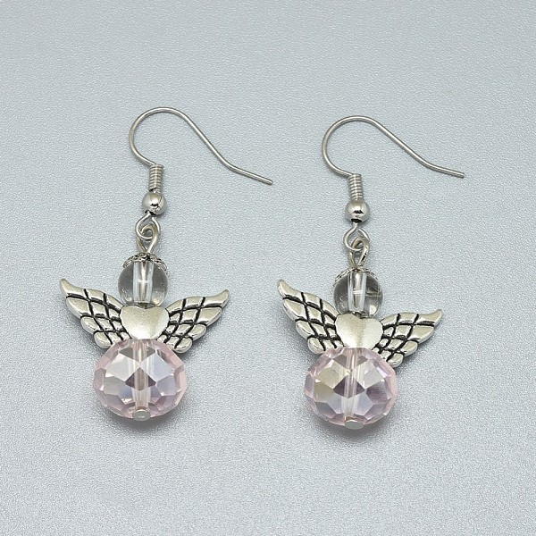

PandaHall Glass Beads Dangle Earrings, with Tibetan Style Alloy Wing Beads and Brass Earring Hooks, Pink, 42mm, Pin: 0.4mm Glass Pink