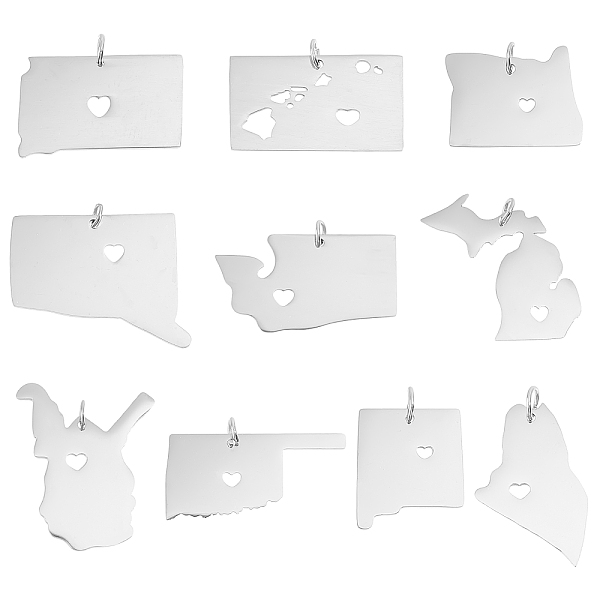 PandaHall Unicraftale 10Pcs 10 Style 201 Stainless Steel Pendants, Map, Stainless Steel Color, 15~30.5x17~30x1mm, Hole: 3mm, 1pc/style 201...