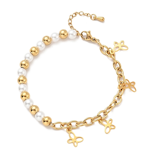 

PandaHall 201 Stainless Steel Butterfly Charm Bracelet, Plastic Pearl Beaded Bracelet with Vacuum Plating 304 Stainless Steel Cable Chains..., White