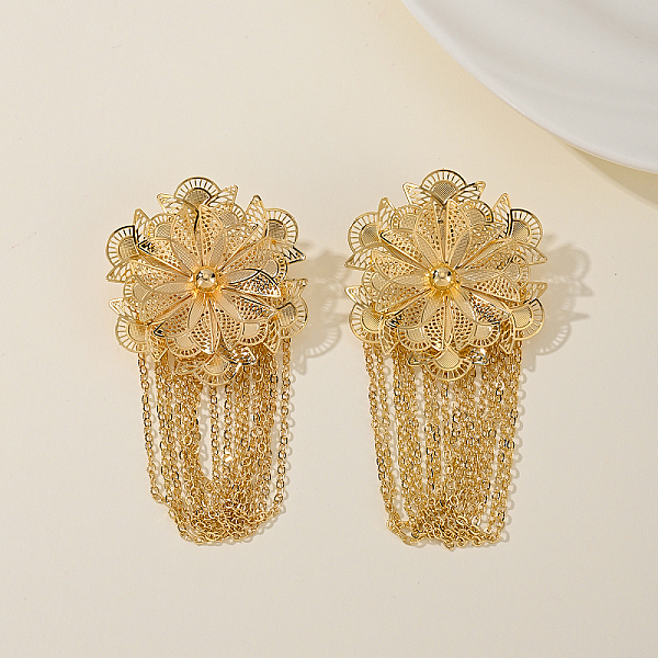 Elegant Brass Tassel Earrings With Hollow Flower Design For Women