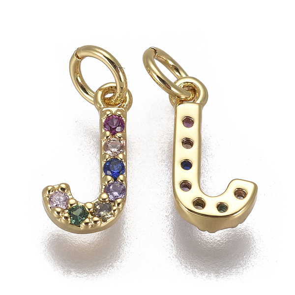 

PandaHall Brass Micro Pave Cubic Zirconia Charms, Letter, Colorful, Golden, Letter.J, 9.5x5x1.8mm, Hole: 2mm Brass+Cubic Zirconia Letter J
