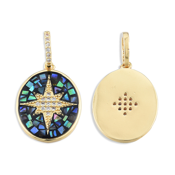 

PandaHall Brass Micro Pave Clear Cubic Zirconia Pendants, with Shell and Enamel, Real 18K Gold Plated, Nickel Free, Oval with Star, Black...