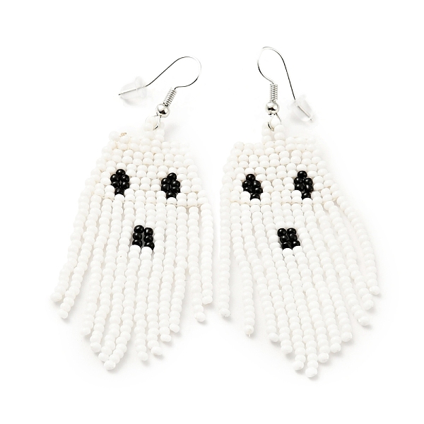

PandaHall Glass Seed Braided Ghost Chandelier Earrings, Chain Tassel Alloy Halloween Earrings for Women, Antique White, 73mm, Pin: 0.6mm...