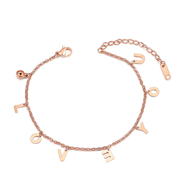 

PandaHall SHEGRACE Valentine's Day Theme, Titanium Steel Charm Anklets, with Cable Chains and Lobster Claw Clasps, Bell and Word LOVE YOU...