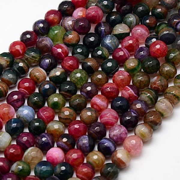 PandaHall Natural Striped Agate/Banded Agate Beads Strands, Faceted, Dyed, Round, Mixed Color, 10mm, Hole: 1.2mm, about 38pcs/strand, 15...