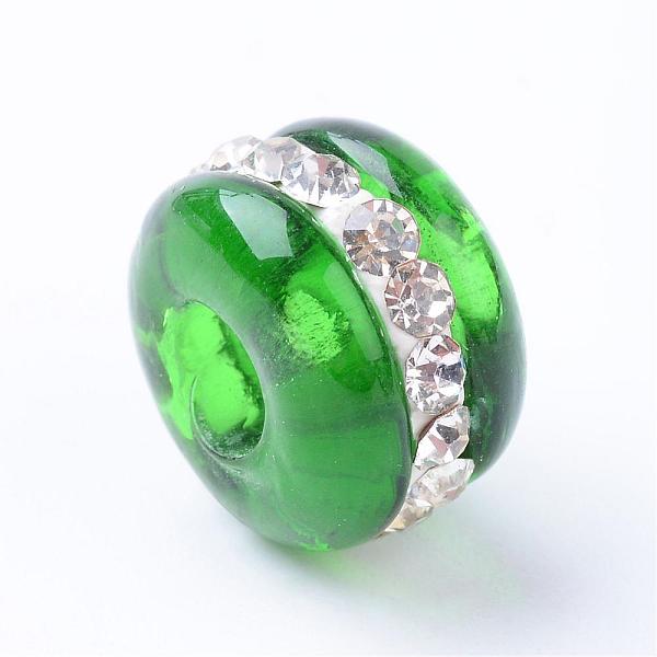 

PandaHall Lampwork European Beads, Large Hole Beads, with Rhinestones, Rondelle, Green, 13~14x9mm, Hole: 4~4.5mm Lampwork Rondelle Green